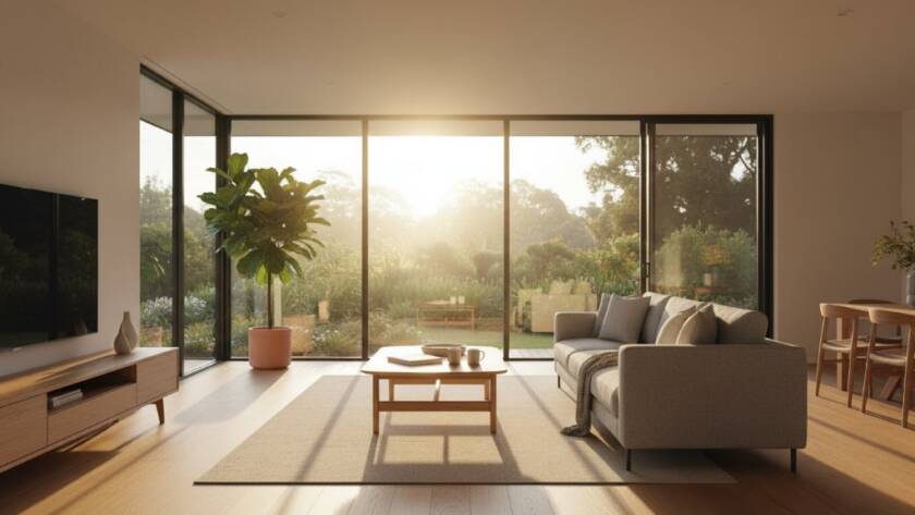 Dramatic wide-angle shot capturing the morning light flooding into a modern living room of a home in Croydon South, Victoria, showcasing exceptional Croydon South real estate photography transforming listings. The image features a stylish interior with large windows overlooking a lush garden, highlighting spaciousness and natural beauty with professional colour grading.