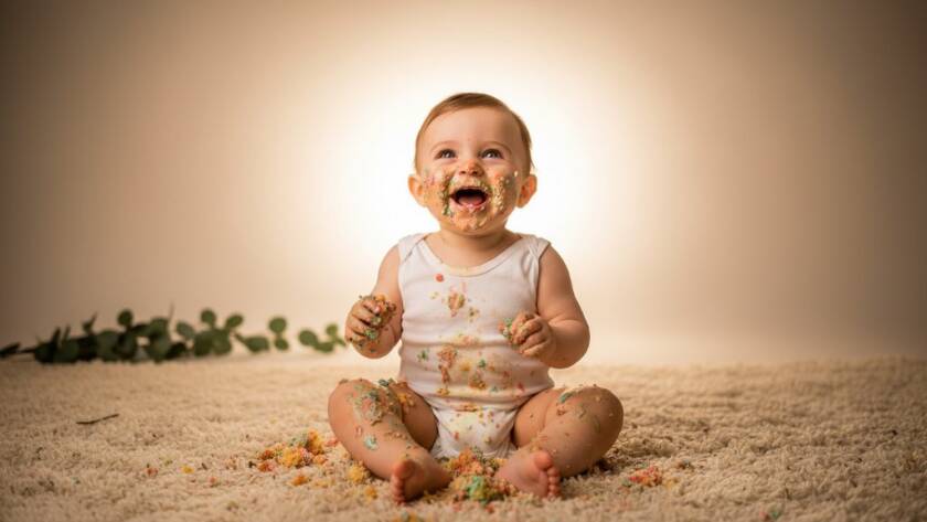 An adorable baby in Croydon South, Victoria, enjoying a Cake Smash Photography Epic First Birthday, covered in cake, laughing joyfully amidst a dreamy, professional studio setup with soft backlighting.