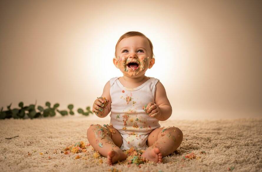 An adorable baby in Croydon South, Victoria, enjoying a Cake Smash Photography Epic First Birthday, covered in cake, laughing joyfully amidst a dreamy, professional studio setup with soft backlighting.