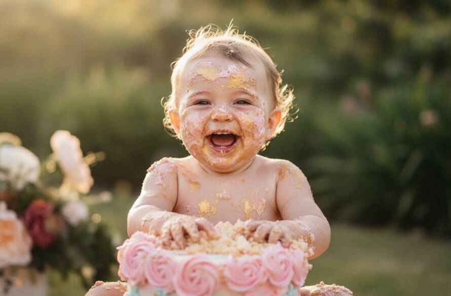 A joyous, messy 'epic moment' photograph of a one-year-old child covered in cake and frosting during a Croydon VIC first birthday cake smash photography session, with dramatic backlighting highlighting the playful chaos and pure delight on their face, set against a whimsical, pastel-themed backdrop.