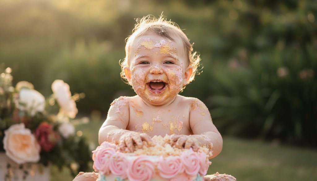 A joyous, messy 'epic moment' photograph of a one-year-old child covered in cake and frosting during a Croydon VIC first birthday cake smash photography session, with dramatic backlighting highlighting the playful chaos and pure delight on their face, set against a whimsical, pastel-themed backdrop.