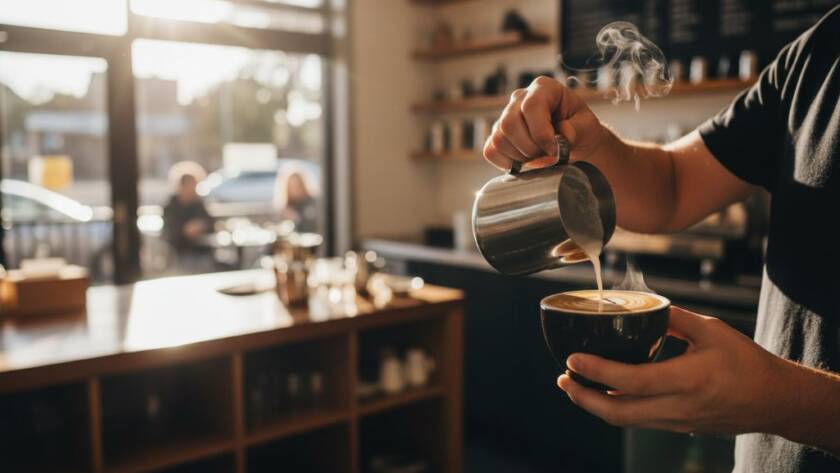 An epic moment photograph showcasing a local Croydon small business owner proudly presenting their handcrafted product on Main Street, bathed in dramatic golden hour light, shot by a professional advertising photographer, emphasizing quality and local charm, with crisp detail and professional colour grading.