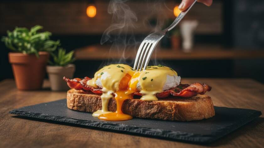 A close-up, dramatic shot of a perfectly plated, artisanal brunch dish featuring avocado and poached eggs, expertly lit to highlight textures, with a soft, blurred background of a bustling Croydon Victoria artisanal cafe food photography scene, evoking a mouth-watering, epic moment.