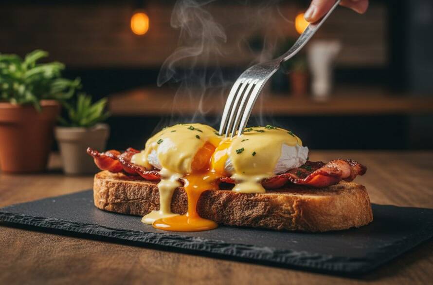 A close-up, dramatic shot of a perfectly plated, artisanal brunch dish featuring avocado and poached eggs, expertly lit to highlight textures, with a soft, blurred background of a bustling Croydon Victoria artisanal cafe food photography scene, evoking a mouth-watering, epic moment.
