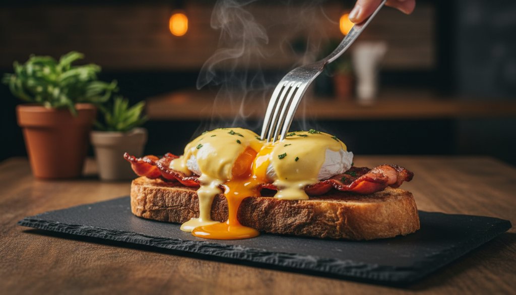 A close-up, dramatic shot of a perfectly plated, artisanal brunch dish featuring avocado and poached eggs, expertly lit to highlight textures, with a soft, blurred background of a bustling Croydon Victoria artisanal cafe food photography scene, evoking a mouth-watering, epic moment.