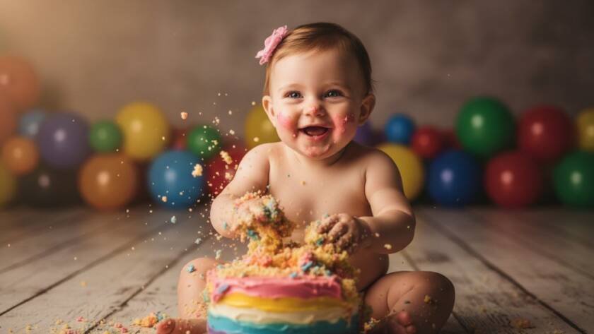 A vibrant, high-energy photograph capturing a baby joyfully smashing a birthday cake during a Croydon Victoria Cake Smash Photography: Joyous Milestones session, flour and frosting flying, with warm, professional studio lighting.