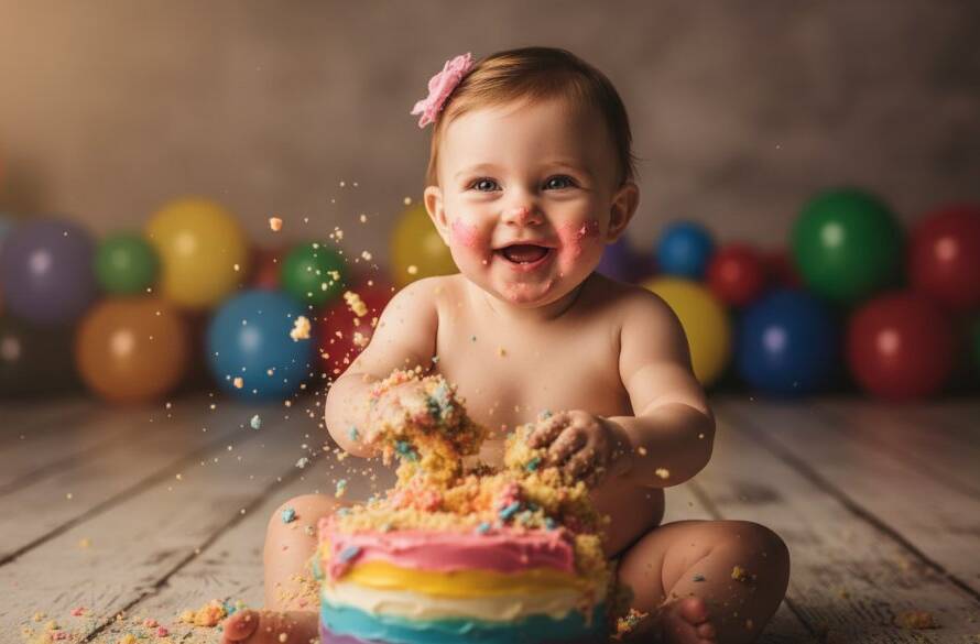 A vibrant, high-energy photograph capturing a baby joyfully smashing a birthday cake during a Croydon Victoria Cake Smash Photography: Joyous Milestones session, flour and frosting flying, with warm, professional studio lighting.