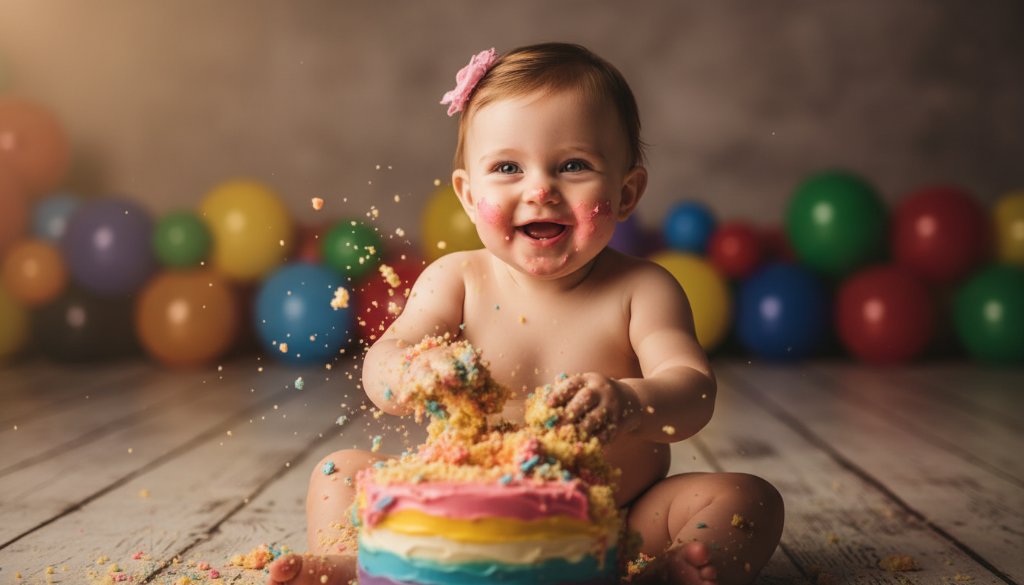 A vibrant, high-energy photograph capturing a baby joyfully smashing a birthday cake during a Croydon Victoria Cake Smash Photography: Joyous Milestones session, flour and frosting flying, with warm, professional studio lighting.