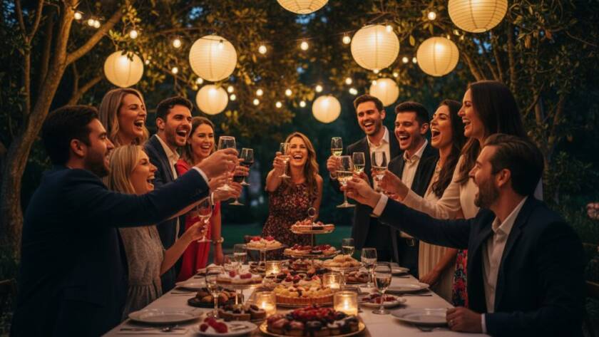 A jubilant group of guests cheering and raising glasses in a beautifully decorated garden setting at dusk in Croydon, Victoria, perfectly encapsulating a moment of Croydon Victoria candid party photography joy. The scene is lit by warm string lights, highlighting genuine smiles and laughter, with soft bokeh in the background.