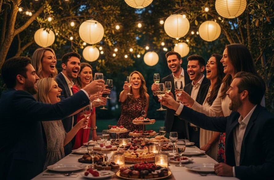 A jubilant group of guests cheering and raising glasses in a beautifully decorated garden setting at dusk in Croydon, Victoria, perfectly encapsulating a moment of Croydon Victoria candid party photography joy. The scene is lit by warm string lights, highlighting genuine smiles and laughter, with soft bokeh in the background.