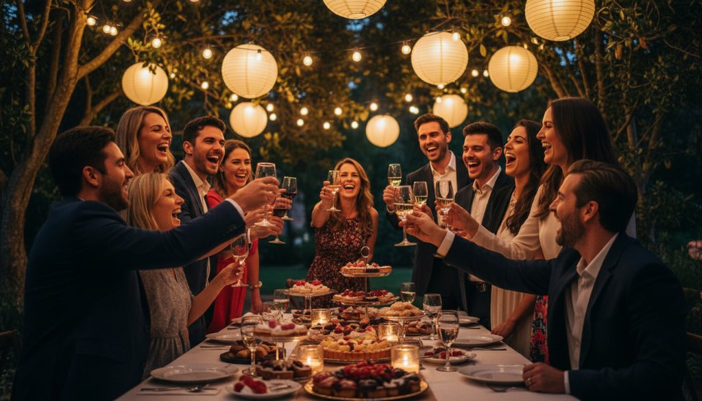 A jubilant group of guests cheering and raising glasses in a beautifully decorated garden setting at dusk in Croydon, Victoria, perfectly encapsulating a moment of Croydon Victoria candid party photography joy. The scene is lit by warm string lights, highlighting genuine smiles and laughter, with soft bokeh in the background.