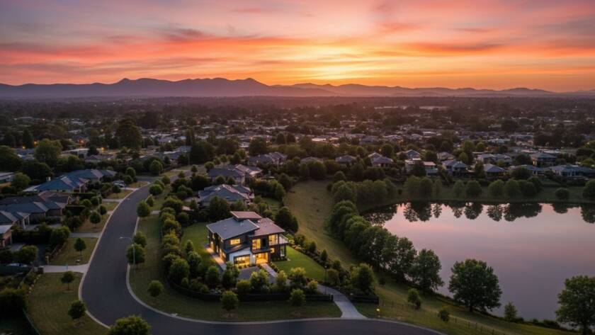 An epic moment captured by Croydon Victoria Drone Photography for Unique Perspectives, showcasing a stunning sunset over the Dandenong Ranges with the suburban landscape of Croydon bathed in golden light, taken from a high aerial perspective.