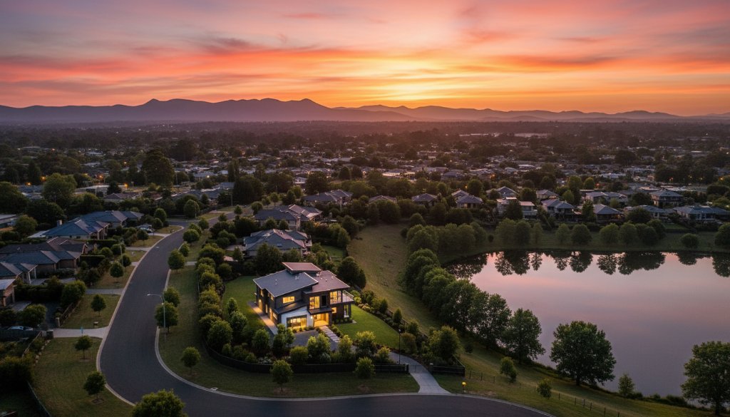 An epic moment captured by Croydon Victoria Drone Photography for Unique Perspectives, showcasing a stunning sunset over the Dandenong Ranges with the suburban landscape of Croydon bathed in golden light, taken from a high aerial perspective.