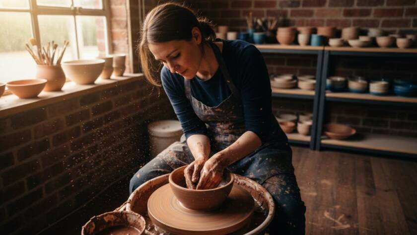 A dynamic, high-angle editorial photograph showcasing a local artisan at their workshop in Croydon, Victoria, meticulously crafting a product, with dramatic natural light highlighting their focused expression and the intricate details of their work, perfectly embodying Croydon Victoria editorial photography for local businesses.