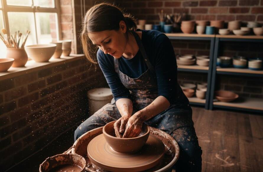 A dynamic, high-angle editorial photograph showcasing a local artisan at their workshop in Croydon, Victoria, meticulously crafting a product, with dramatic natural light highlighting their focused expression and the intricate details of their work, perfectly embodying Croydon Victoria editorial photography for local businesses.