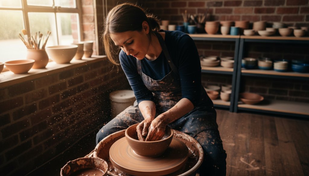 A dynamic, high-angle editorial photograph showcasing a local artisan at their workshop in Croydon, Victoria, meticulously crafting a product, with dramatic natural light highlighting their focused expression and the intricate details of their work, perfectly embodying Croydon Victoria editorial photography for local businesses.
