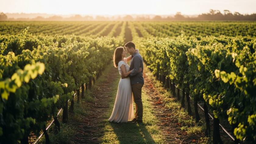 A newly engaged couple sharing a tender, joyful moment at sunset amidst the rustic charm of a vineyard in Croydon, Victoria, Australia, showcasing professional Croydon Victoria engagement photography rustic charm with dramatic, golden hour lighting and lush green vines.