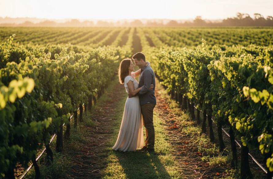 A newly engaged couple sharing a tender, joyful moment at sunset amidst the rustic charm of a vineyard in Croydon, Victoria, Australia, showcasing professional Croydon Victoria engagement photography rustic charm with dramatic, golden hour lighting and lush green vines.
