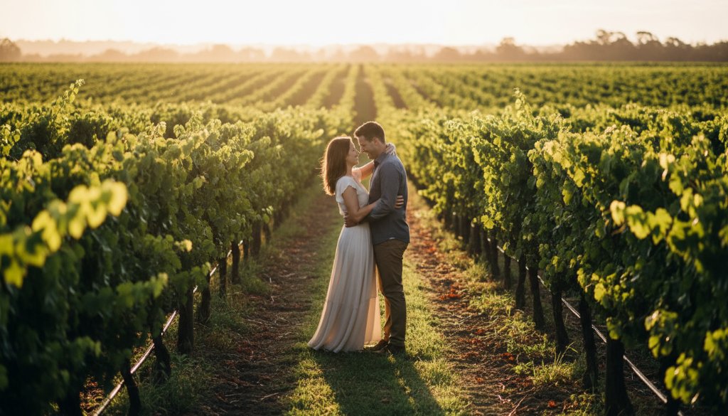 A newly engaged couple sharing a tender, joyful moment at sunset amidst the rustic charm of a vineyard in Croydon, Victoria, Australia, showcasing professional Croydon Victoria engagement photography rustic charm with dramatic, golden hour lighting and lush green vines.