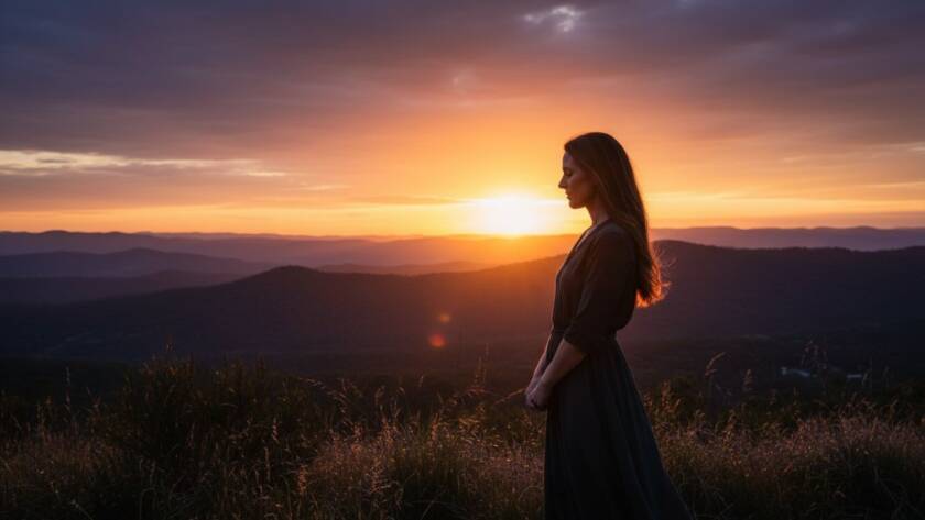 An epic moment from a Croydon Victoria Fine Art Photography Journeys session, featuring a subject silhouetted against a dramatic sunset over the Dandenong Ranges, evoking deep emotion and timeless beauty.