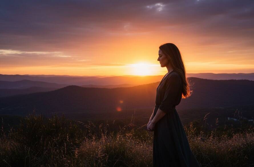An epic moment from a Croydon Victoria Fine Art Photography Journeys session, featuring a subject silhouetted against a dramatic sunset over the Dandenong Ranges, evoking deep emotion and timeless beauty.