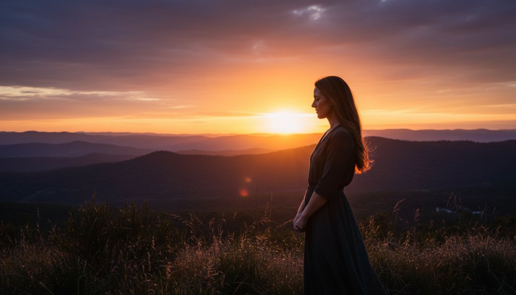 An epic moment from a Croydon Victoria Fine Art Photography Journeys session, featuring a subject silhouetted against a dramatic sunset over the Dandenong Ranges, evoking deep emotion and timeless beauty.