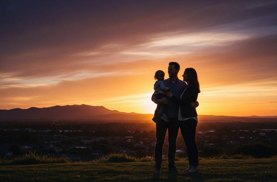 An epic moment captured through Croydon Victoria fine art storytelling photography, showing a family silhouetted against a dramatic sunset over the Dandenong Ranges, evoking deep emotion and timeless connection.