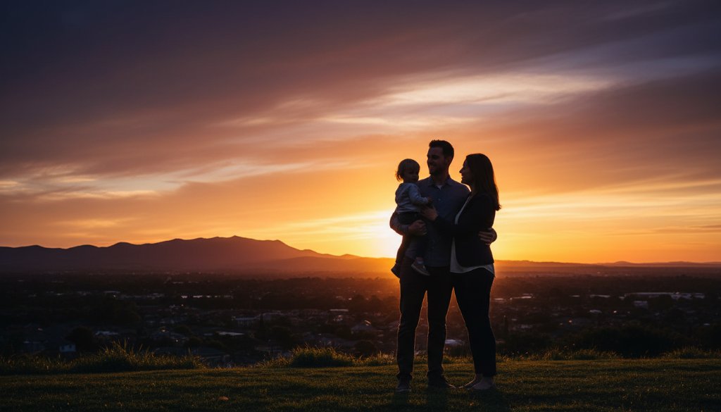An epic moment captured through Croydon Victoria fine art storytelling photography, showing a family silhouetted against a dramatic sunset over the Dandenong Ranges, evoking deep emotion and timeless connection.
