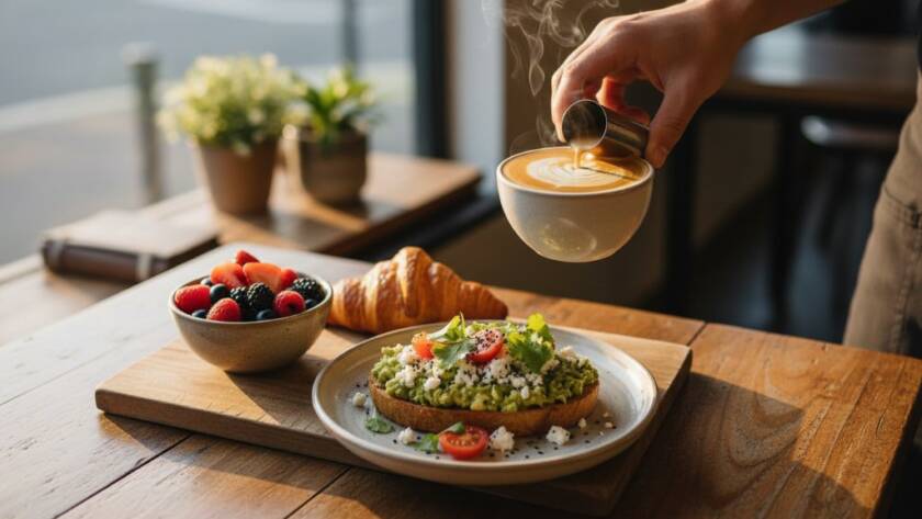 Dramatic overhead shot capturing a vibrant, freshly prepared brunch spread on a rustic wooden table inside a sunlit Croydon Victoria cafe, showcasing professional Croydon Victoria food photography for cafes with steam rising from a coffee cup, a perfect 'epic moment' of culinary artistry.