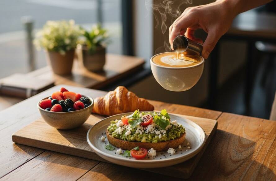 Dramatic overhead shot capturing a vibrant, freshly prepared brunch spread on a rustic wooden table inside a sunlit Croydon Victoria cafe, showcasing professional Croydon Victoria food photography for cafes with steam rising from a coffee cup, a perfect 'epic moment' of culinary artistry.