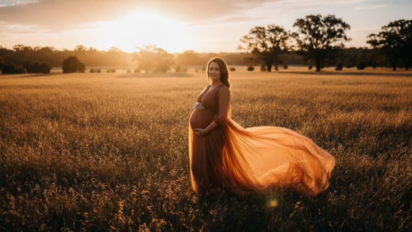 A pregnant woman in a flowing gown, silhouetted by the setting sun during a Croydon Victoria maternity photography outdoor golden hour session, standing gracefully in a field with dramatic golden light, capturing an epic, serene moment of motherhood.