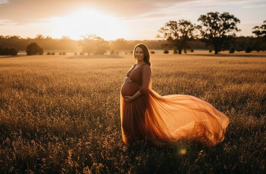 A pregnant woman in a flowing gown, silhouetted by the setting sun during a Croydon Victoria maternity photography outdoor golden hour session, standing gracefully in a field with dramatic golden light, capturing an epic, serene moment of motherhood.