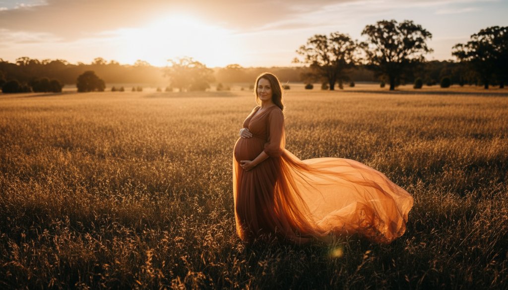 A pregnant woman in a flowing gown, silhouetted by the setting sun during a Croydon Victoria maternity photography outdoor golden hour session, standing gracefully in a field with dramatic golden light, capturing an epic, serene moment of motherhood.