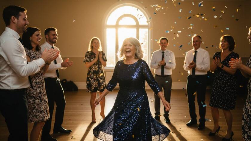 Professional Croydon Victoria milestone birthday photography capturing an emotional, epic moment of a grandmother laughing joyfully with her family during a surprise 70th birthday party celebration in a beautifully decorated hall, with warm golden light illuminating the scene and confetti gently falling.