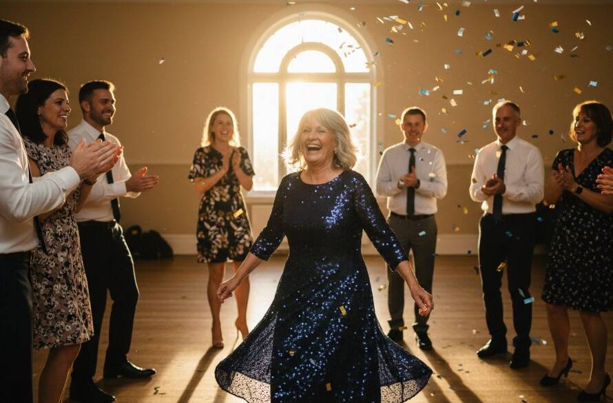 Professional Croydon Victoria milestone birthday photography capturing an emotional, epic moment of a grandmother laughing joyfully with her family during a surprise 70th birthday party celebration in a beautifully decorated hall, with warm golden light illuminating the scene and confetti gently falling.