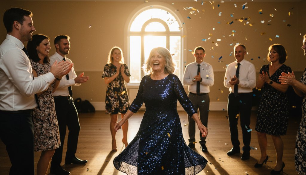 Professional Croydon Victoria milestone birthday photography capturing an emotional, epic moment of a grandmother laughing joyfully with her family during a surprise 70th birthday party celebration in a beautifully decorated hall, with warm golden light illuminating the scene and confetti gently falling.