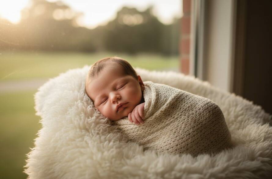An epic moment captured in Croydon Victoria newborn photography cherished moments, showing a sleeping newborn baby wrapped in a soft, knitted blanket, gently cradled in parents' hands, bathed in warm, soft window light, with a blurred natural Croydon landscape visible through a window in the background. Professional, color-graded, cinematic style.