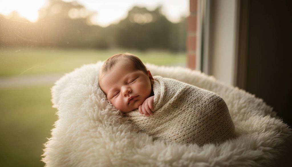An epic moment captured in Croydon Victoria newborn photography cherished moments, showing a sleeping newborn baby wrapped in a soft, knitted blanket, gently cradled in parents' hands, bathed in warm, soft window light, with a blurred natural Croydon landscape visible through a window in the background. Professional, color-graded, cinematic style.