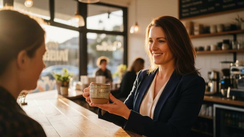A vibrant, epic moment shot of an entrepreneur in Croydon Victoria personal brand photography elevate session, confidently interacting with a customer at a bustling local cafe, golden hour light streaming in, showcasing genuine connection and brand personality, professional colour grading.