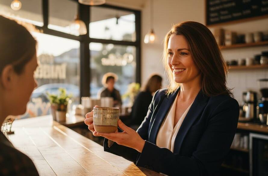 A vibrant, epic moment shot of an entrepreneur in Croydon Victoria personal brand photography elevate session, confidently interacting with a customer at a bustling local cafe, golden hour light streaming in, showcasing genuine connection and brand personality, professional colour grading.