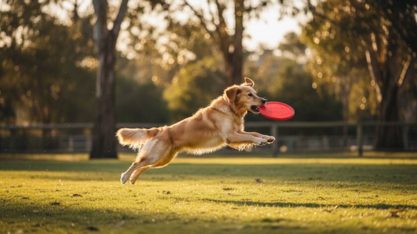 A golden retriever mid-leap, perfectly framed against the vibrant green of a Croydon dog park, embodying Croydon Victoria pet photography capturing joyful dog park moments. The dog's fur glows in golden hour light, eyes sparkling with pure joy and focus, capturing an epic, professional-grade action shot.