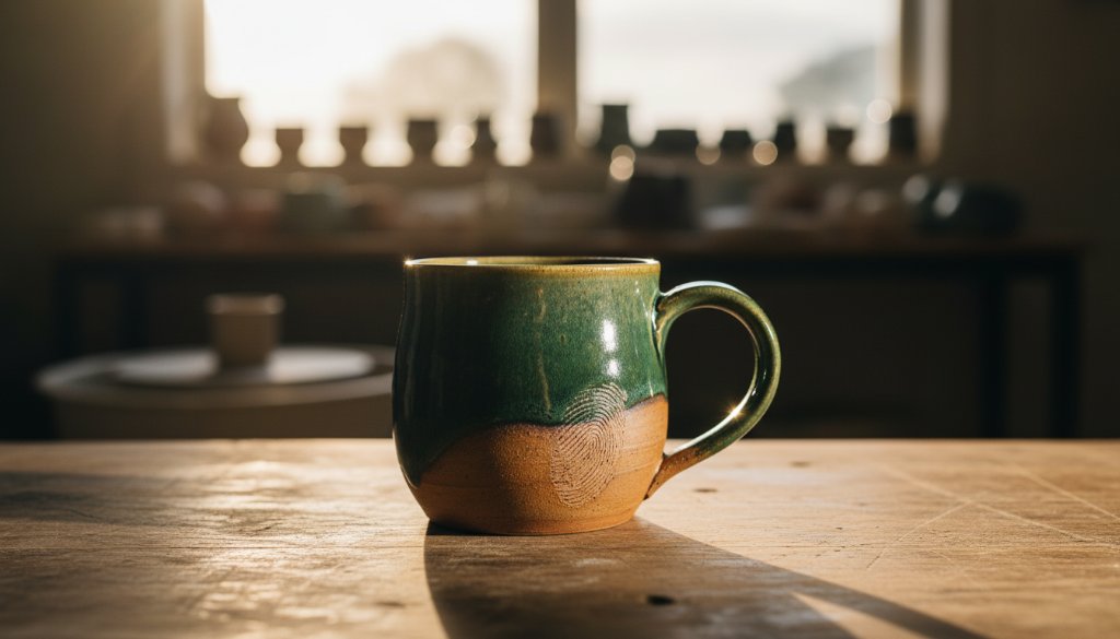 Dynamic close-up of a handcrafted ceramic bowl, expertly lit to highlight its texture, with a blurred backdrop evoking a bustling Croydon artisan market, perfect for Croydon Victoria product photography for local artisans, capturing an epic moment of craftsmanship.