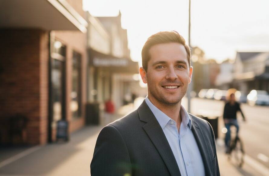 A confident female professional in a modern business suit, captured in a dynamic, natural light setting near Croydon's Main Street, showcasing strong and approachable Croydon Victoria professional headshots for career advancement, with blurred local architecture in the background. The image has a professional, colour-graded, cinematic look.