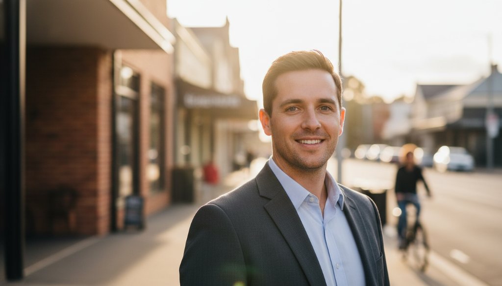 A confident female professional in a modern business suit, captured in a dynamic, natural light setting near Croydon's Main Street, showcasing strong and approachable Croydon Victoria professional headshots for career advancement, with blurred local architecture in the background. The image has a professional, colour-graded, cinematic look.