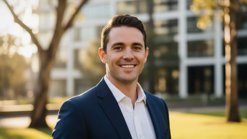 A confident executive smiling warmly, captured in a dramatic, high-contrast close-up, reflecting the essence of Croydon Victoria professional headshots for career growth, with a blurred backdrop of Croydon's leafy streets at golden hour.
