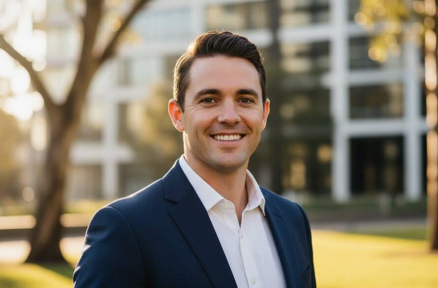 A confident executive smiling warmly, captured in a dramatic, high-contrast close-up, reflecting the essence of Croydon Victoria professional headshots for career growth, with a blurred backdrop of Croydon's leafy streets at golden hour.