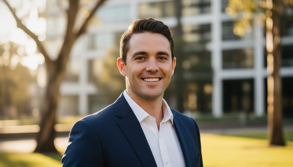 A confident executive smiling warmly, captured in a dramatic, high-contrast close-up, reflecting the essence of Croydon Victoria professional headshots for career growth, with a blurred backdrop of Croydon's leafy streets at golden hour.