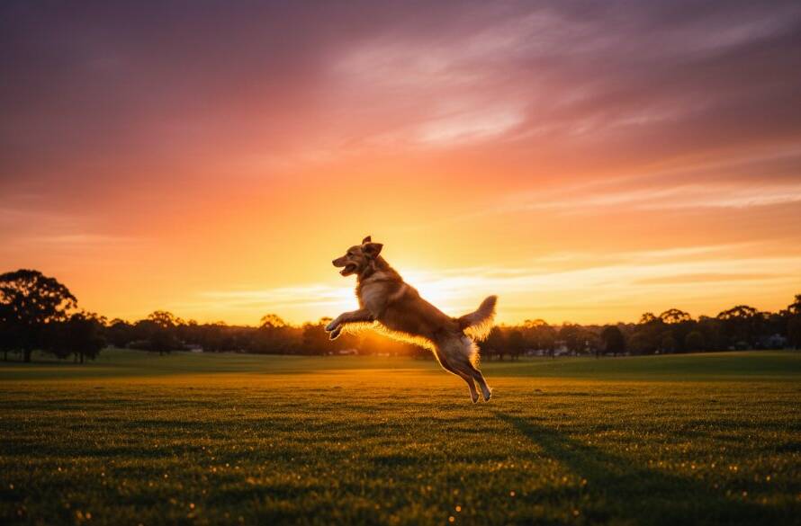 An 'epic moment' photograph capturing a golden retriever mid-leap, silhouetted against a golden sunset over a scenic park in Croydon, Victoria, showcasing the dog's joyful energy. This Croydon Victoria professional pet photography shot highlights a beautiful, dynamic outdoor pet portrait.