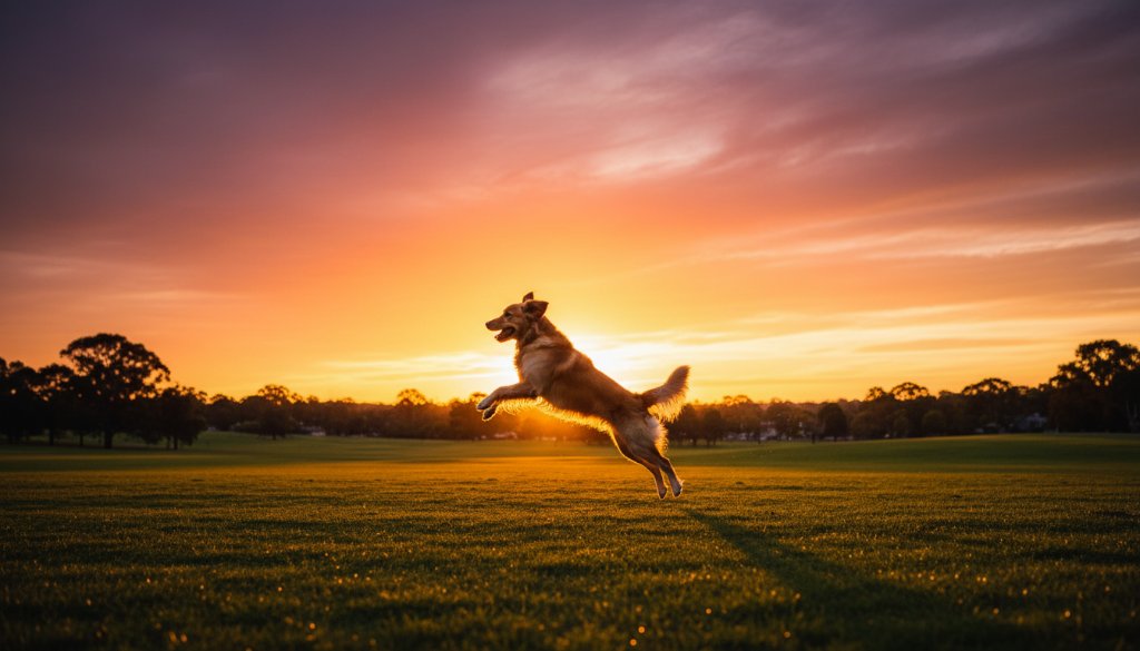 An 'epic moment' photograph capturing a golden retriever mid-leap, silhouetted against a golden sunset over a scenic park in Croydon, Victoria, showcasing the dog's joyful energy. This Croydon Victoria professional pet photography shot highlights a beautiful, dynamic outdoor pet portrait.
