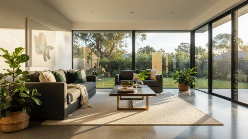 An aerial, cinematic shot of a beautifully staged modern home in Croydon, Victoria, bathed in golden hour sunlight, highlighting its expansive living areas and lush garden, perfect for Croydon Victoria real estate photography for property staging.
